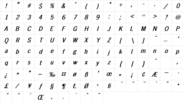 News-Gothic Bold Italic Character Map