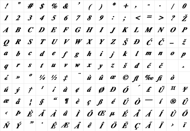 Times Bold Italic Character Map