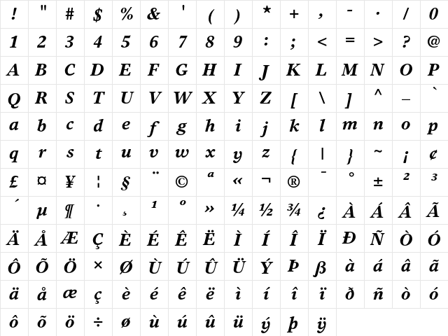 Times Europa Bold Italic Character Map