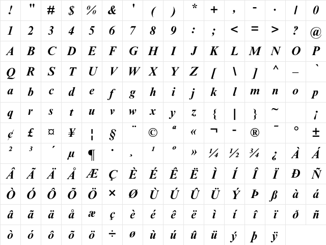 Times New Roman MT Std Bold Italic Character Map