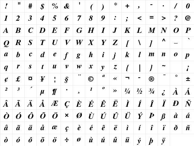 Times Ten LT Std Bold Italic Character Map Times Ten LT Std Bold Italic Character Map