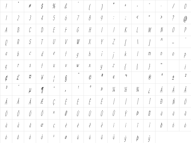 Tiptoe Extra-condensed Italic Character Map Tiptoe Extra-condensed Italic Character Map