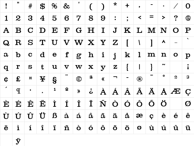 Newsline SF Regular Character Map