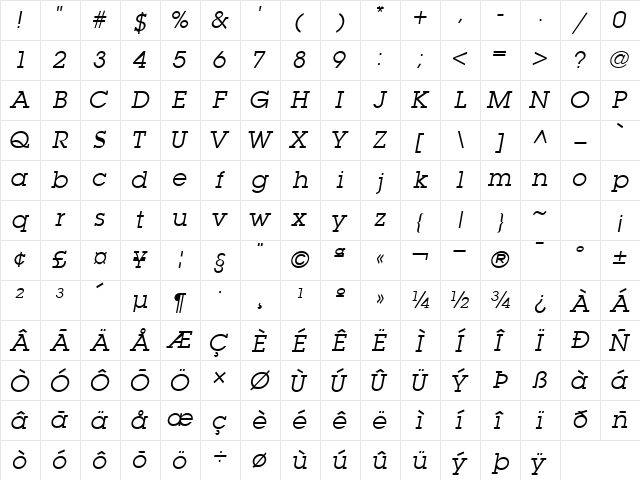 TorrentGraphicSSK Italic Character Map