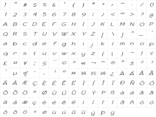 Torrey Pines Extra-expanded Italic Character Map