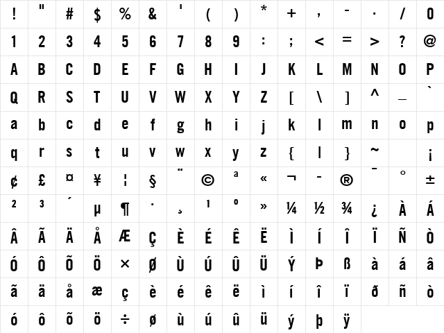 Trade Gothic LT Com Bold Condensed No. 20 Character Map