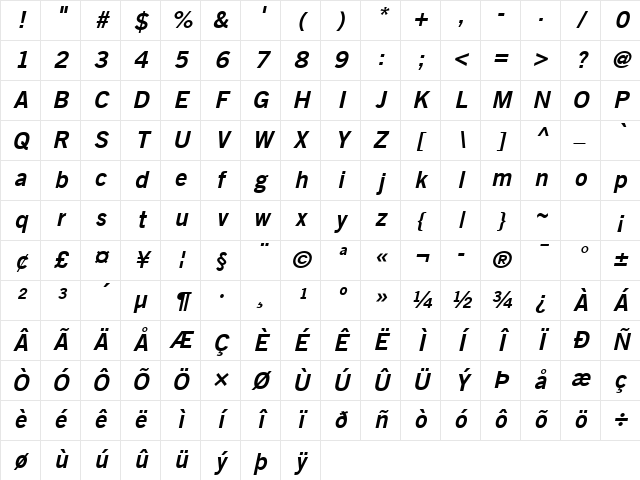 Trade Gothic LT Com Bold No. 2 Oblique Character Map