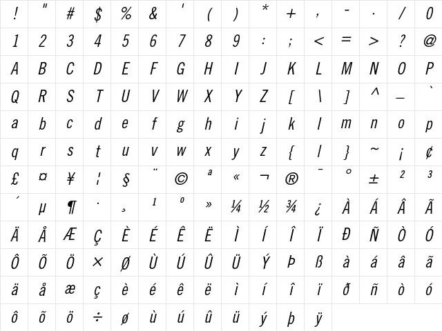 TradeGothic Regular Character Map