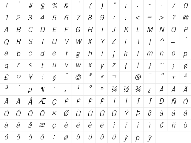 Trade Gothic Light Oblique Character Map