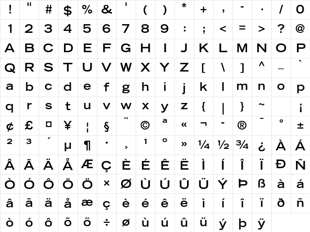 Trade Gothic LT Std Bold Extended Character Map