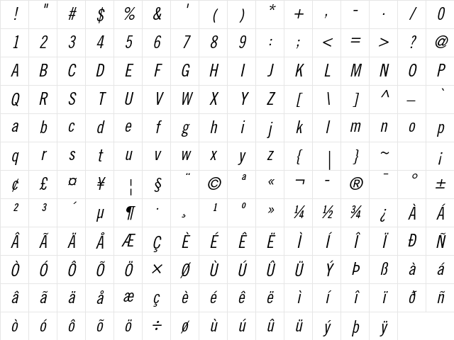Trade Gothic LT Std Condensed No. 18 Oblique Character Map