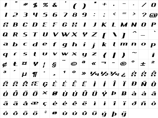 Tranzam Extra-expanded Bold Character Map