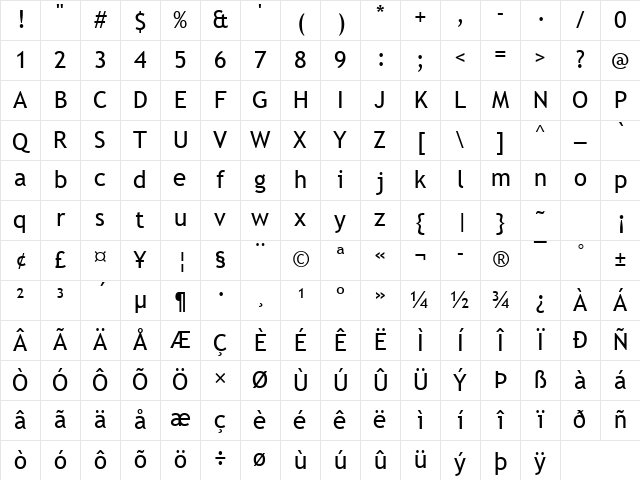Trebuchet MS Regular Character Map