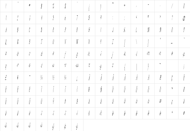 Treon Extra-condensed Italic Character Map Treon Extra-condensed Italic Character Map