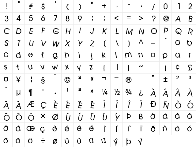 TrickyLake11 Bold Character Map