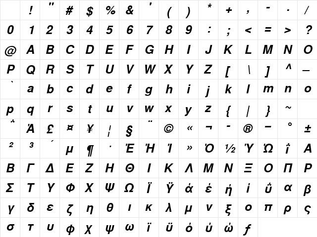 NimbusSanLGR Bold Italic Character Map