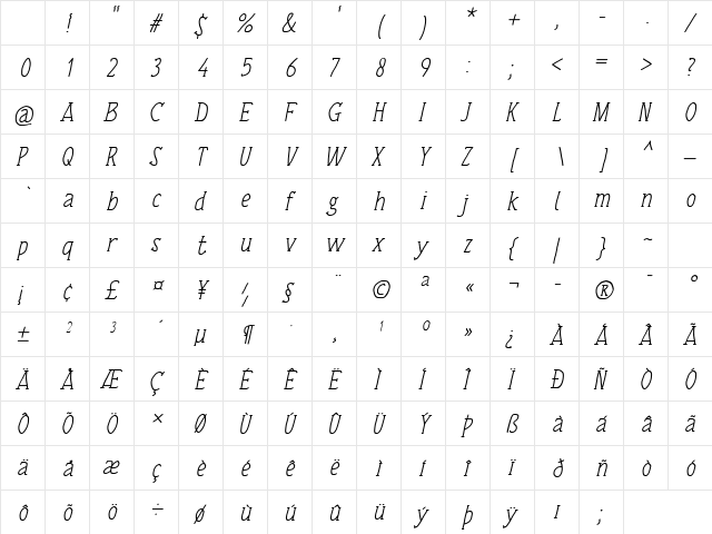 Tulisan Tangan 74 Italic Character Map