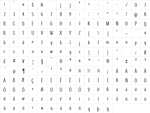 Tunic Condensed Regular Character Map Tunic Condensed Regular Character Map
