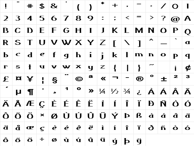 Tunic Extra-expanded Bold Character Map