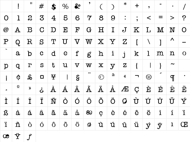 Typewriter Normal Character Map