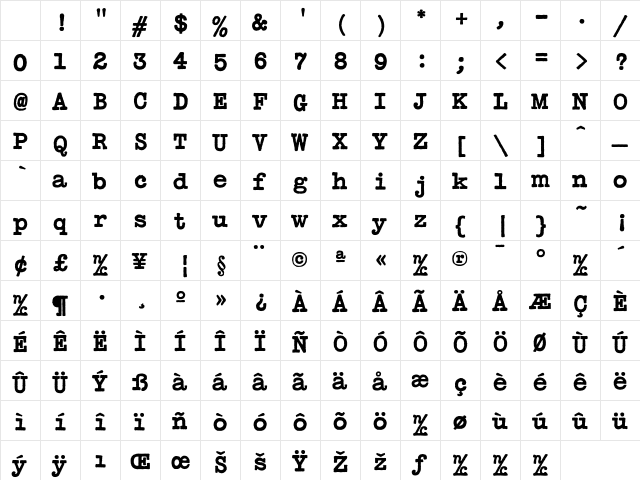 Typewriter Bold Character Map