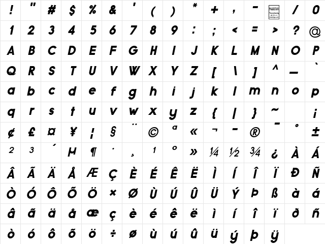 Typo Grotesk Black Italic Character Map