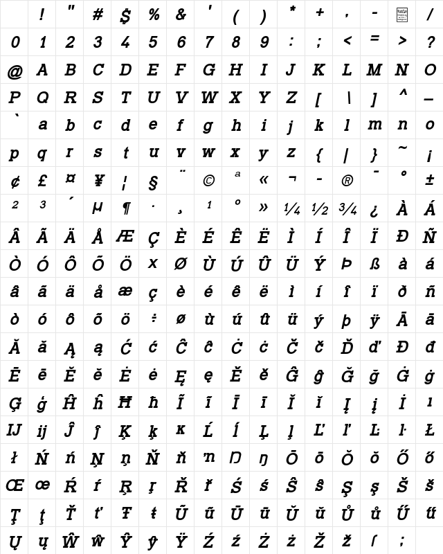 Typo Slab Bold Italic Character Map Typo Slab Bold Italic Character Map