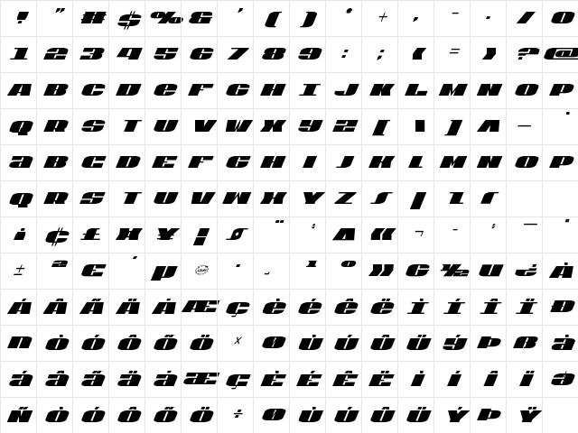 U.S.A. Extra-Condensed Italic Extra-Condensed Italic Character Map