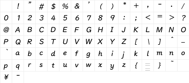 UDDigiKyoItalic Medium Italic Character Map