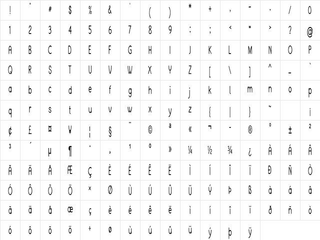 Ulio Extra-condensed Bold Character Map