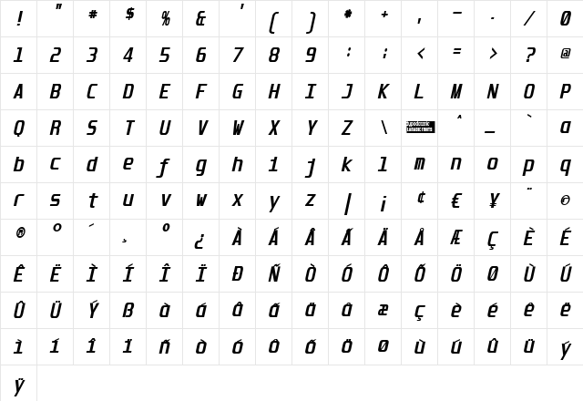 Unispace Bold Italic Character Map