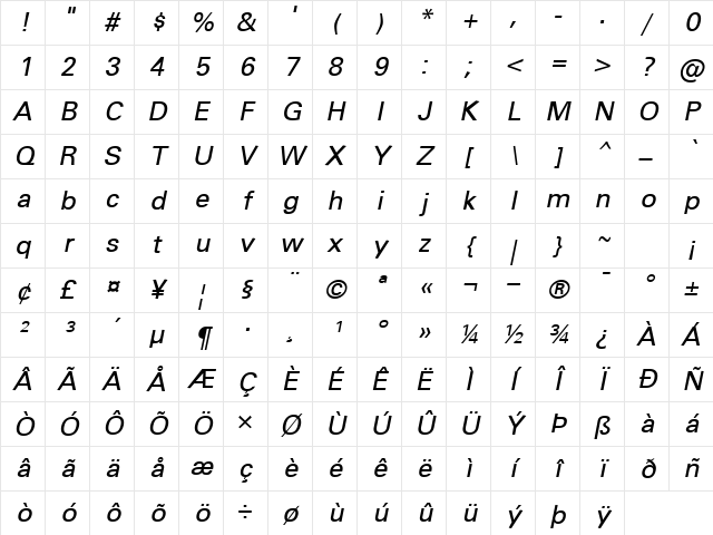 United Oblique Character Map