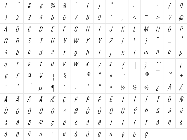 Univers Light Condensed Italic Character Map Univers Light Condensed Italic Character Map
