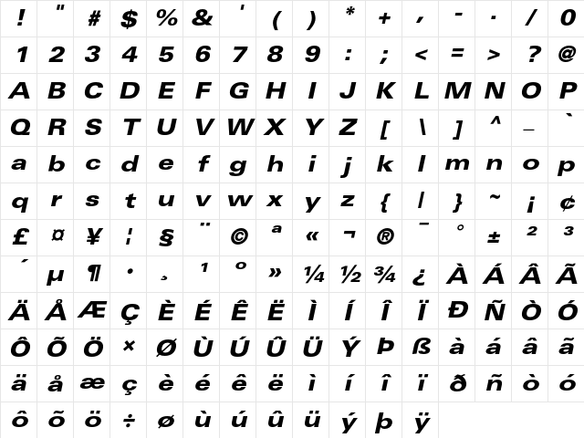 Univers 73 Black Extended Oblique Character Map