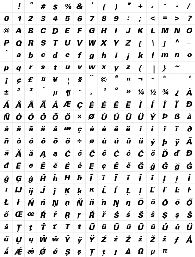 Univers LT W0475 Bold Italic Character Map Univers LT W0475 Bold Italic Character Map