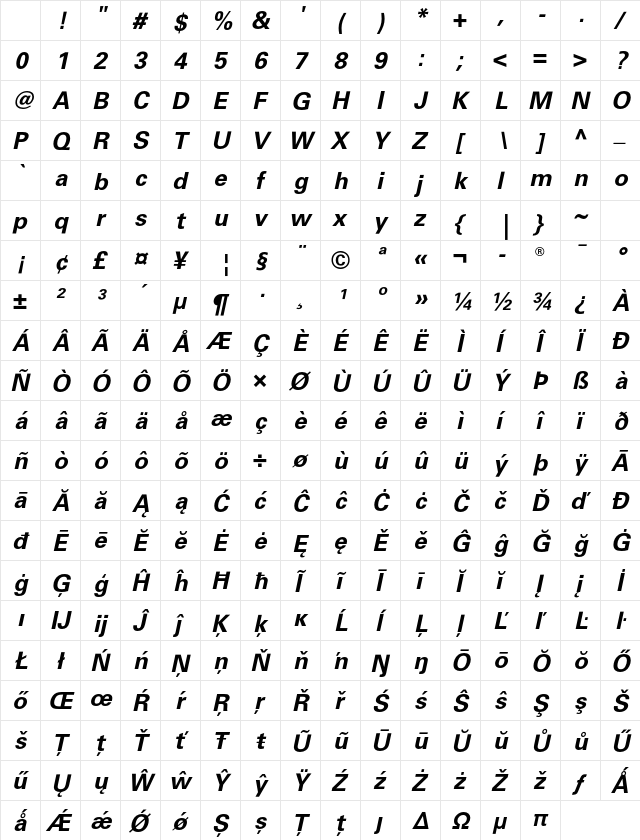 Univers LT W0465 Bold Italic Character Map Univers LT W0465 Bold Italic Character Map