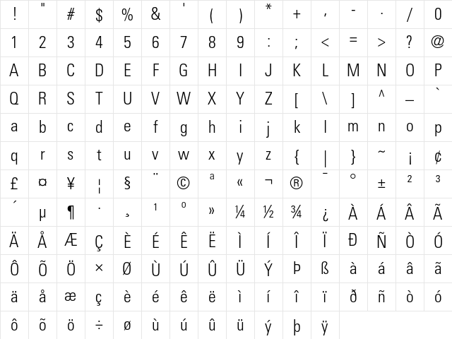 Univers 47 Condensed Light Character Map