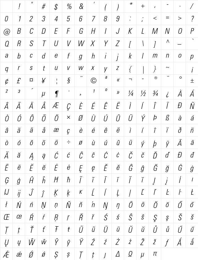 Univers LT W0447 Italic Character Map