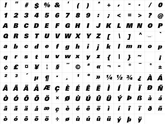 Univers LT W0485 Bold Italic Character Map Univers LT W0485 Bold Italic Character Map