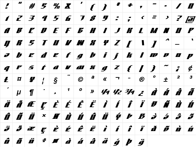 Upstate Bold Italic Character Map