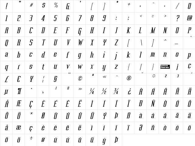 Vahika Italic Character Map