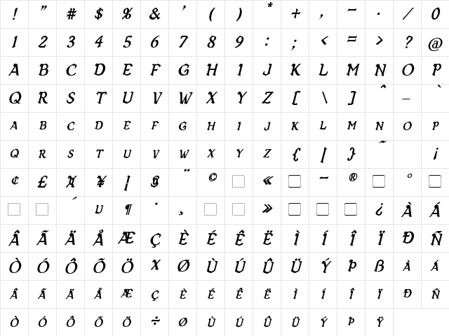 Vecna Bold Italic Character Map