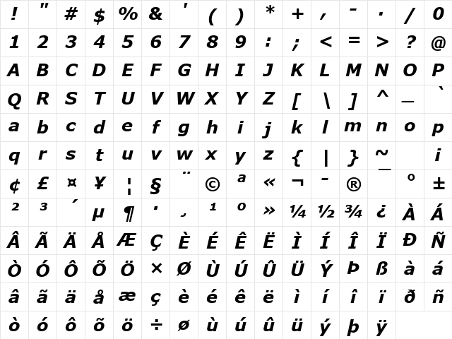 Verdana Bold Italic Character Map