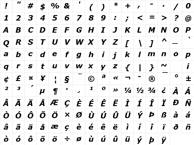Verdana Bold Italic Character Map