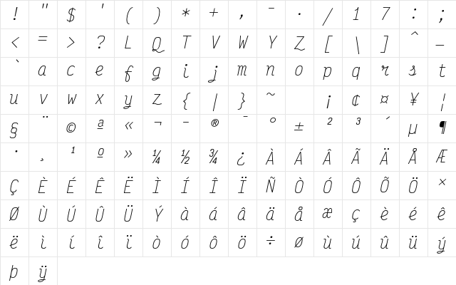 Victor Mono ExtraLight Italic Character Map