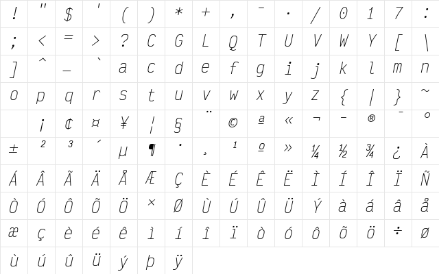 Victor Mono ExtraLight Oblique Character Map