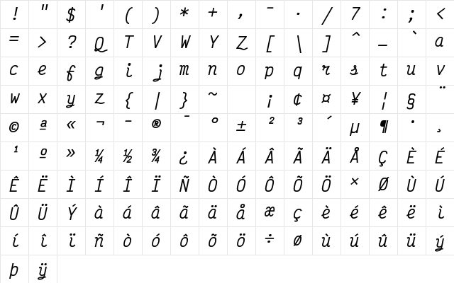 VictorMono NF Italic Character Map