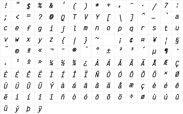 Victor Mono SemiBold Oblique Character Map