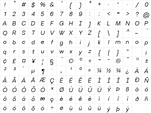 Villeray Rounded Semilight Italic Character Map