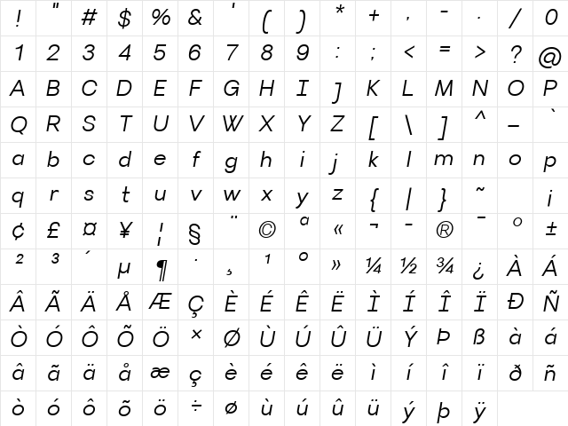 Villeray Semilight Italic Character Map